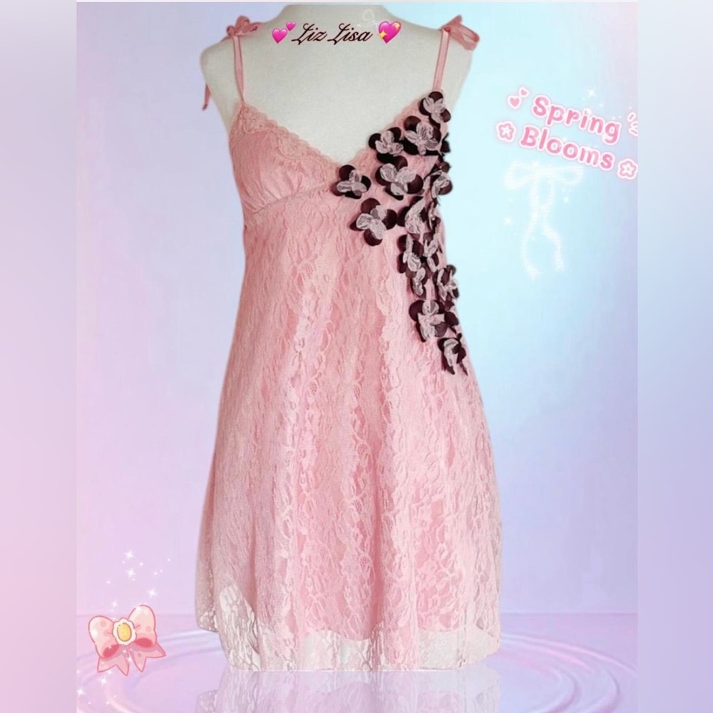 💕RARE old tag liz lisa pink babydoll dress with flower detailing and lace ✨